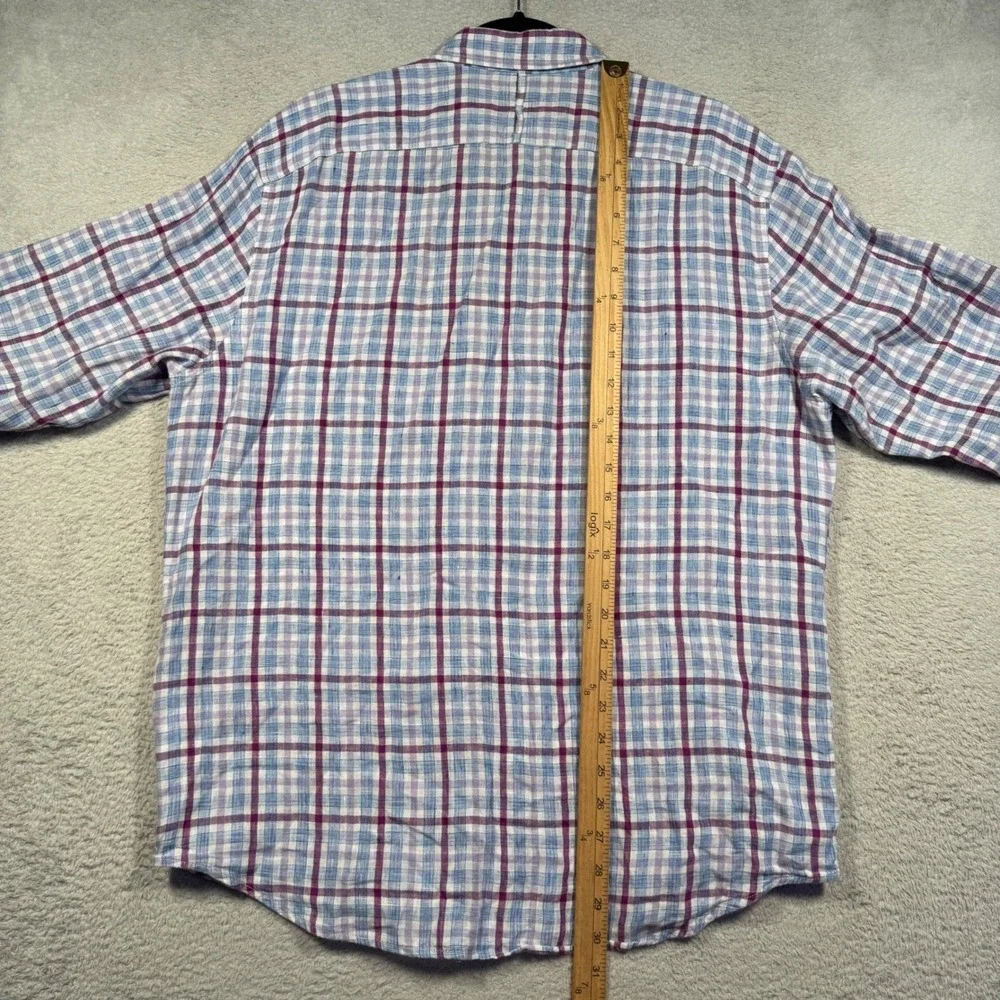 Banana Republic Button Down Mens Large Blue Purple Plaid 100% Linen Camden Shirt